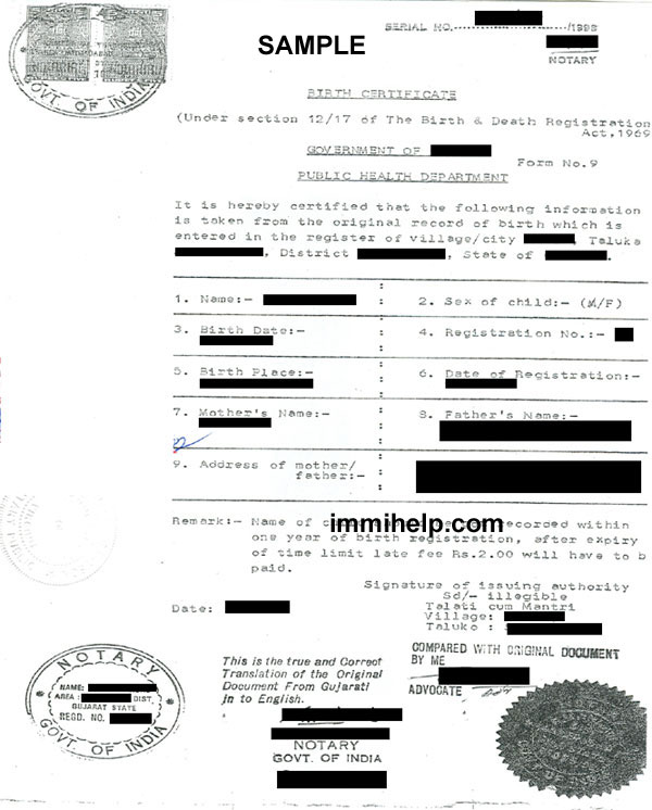 Sample English Translation of Birth Certificate from India
