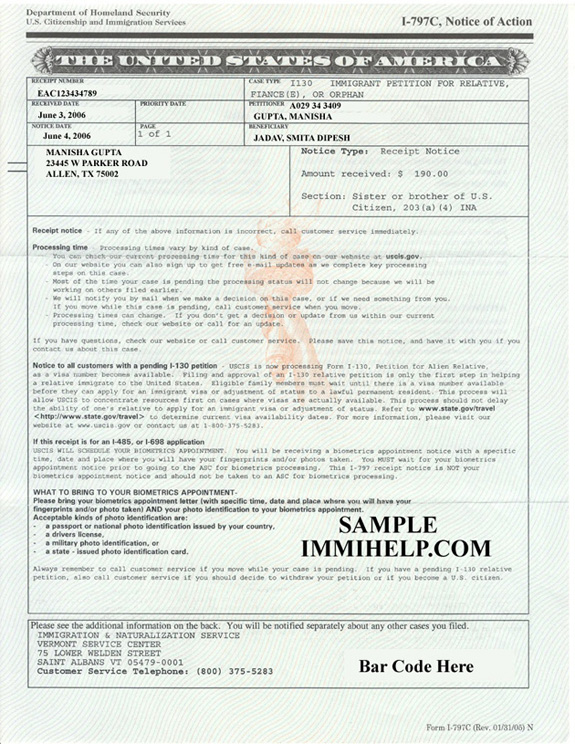 Sample I-130 Receipt Notice