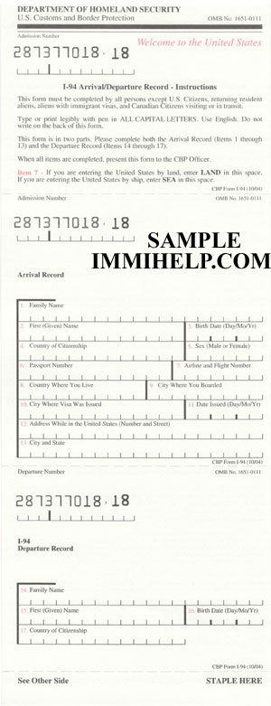 Sample Paper Form I-94 Arrival/Departure Record