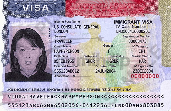 Ejemplo de visa estadounidense de inmigrante