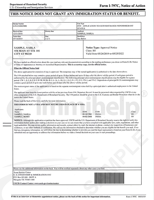 Sample H4 Extension Approval Copy Notice Of Action