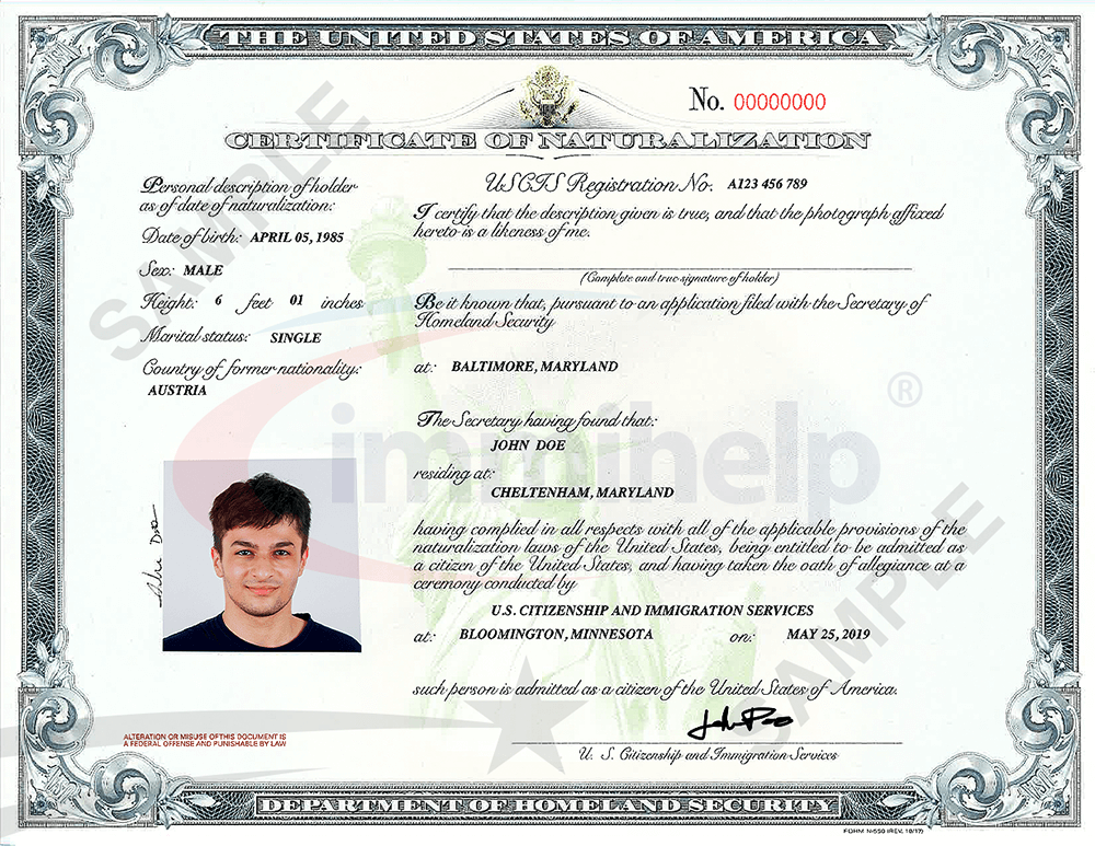Sample Certificate Of Naturalization Citizenship Immihelp 8295